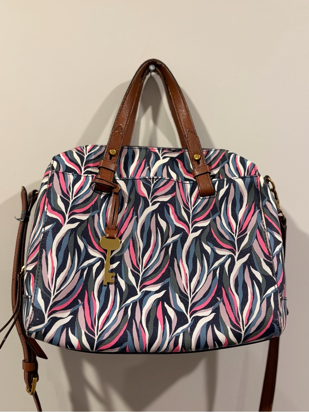 Fossil Floral Print Satchel Bag - Brown Handles, Pink & Navy Pattern